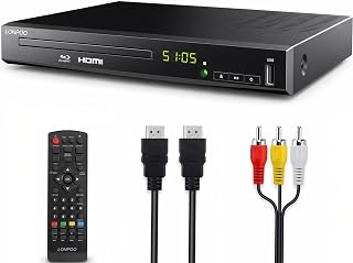 LONPOO LP-100 Blu-Ray Disc Player for TV 1080P DVD CD HDMI USB Upscaling | Includes HDMI & AV Cables, Built-in PAL NTSC, Coaxial Output, USB Input