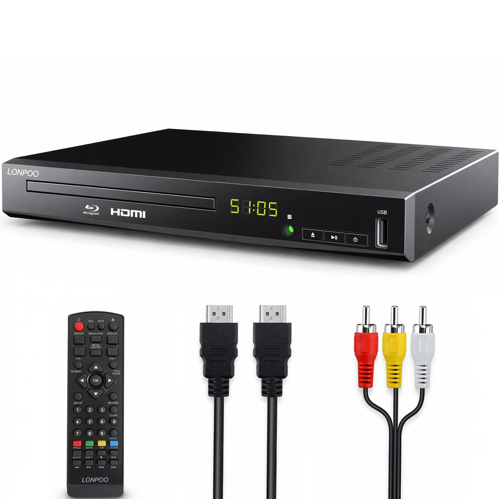 LONPOO LP-100 Blu-Ray Disc Player for TV 1080P DVD CD HDMI USB Upscaling | Inclu