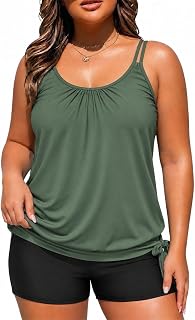 Holipick Women Plus Size Two Piece Tankini Swimsuit Tummy Control Bathing Suits Blouson Tankini Top with Boy Shorts