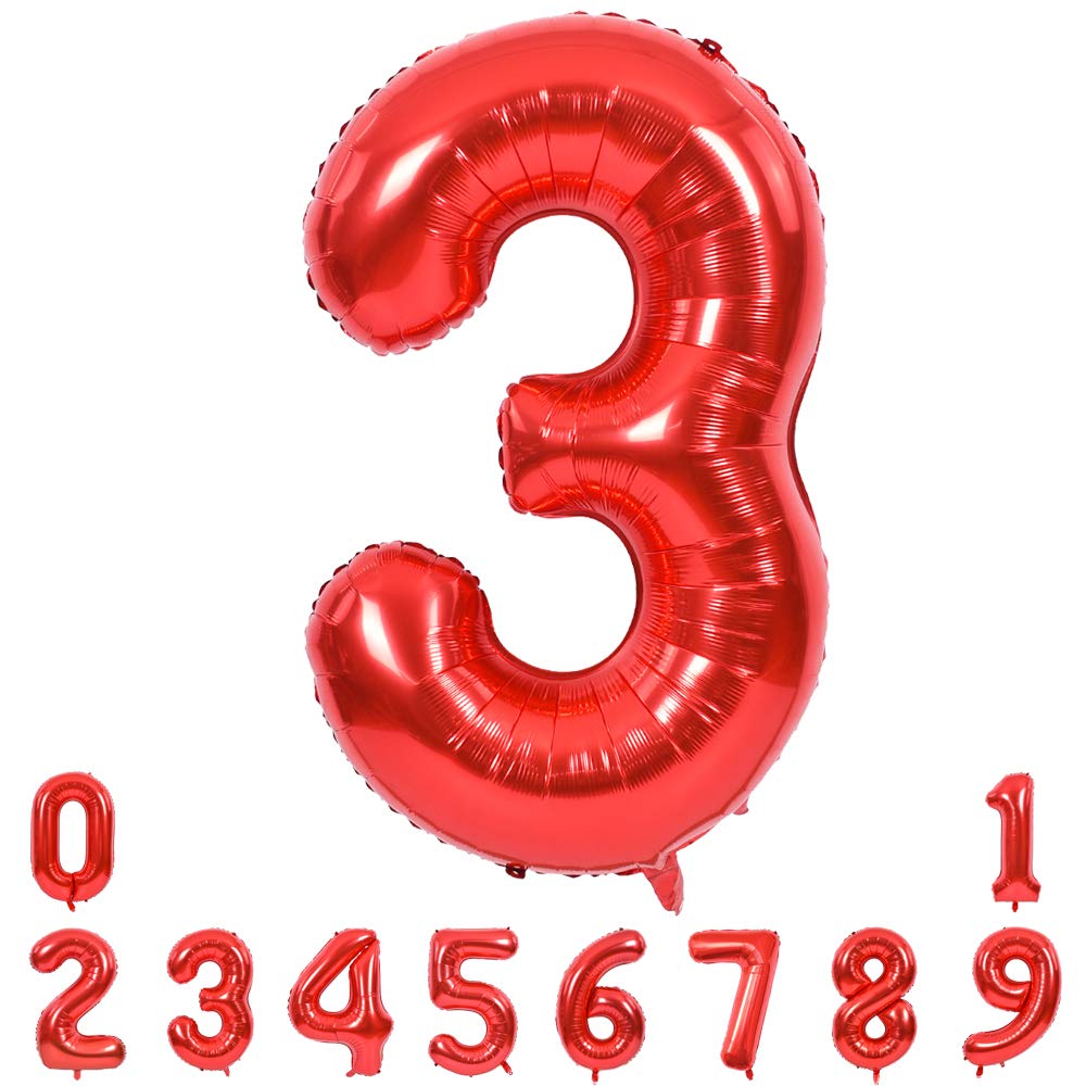 TONIFUL 40 Inch Red Number 3 Balloons Large Foil 3rd Birthday Decorations | Red 