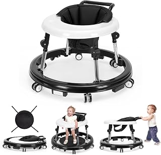 Foldable Baby Walker with 9 Height Adjustments, Portable Wheels, for Boys &amp; Girls 6–18 Months
