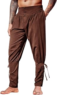 Runcati Mens Medieval Renaissance Style Lace Up Linen Halloween Trousers