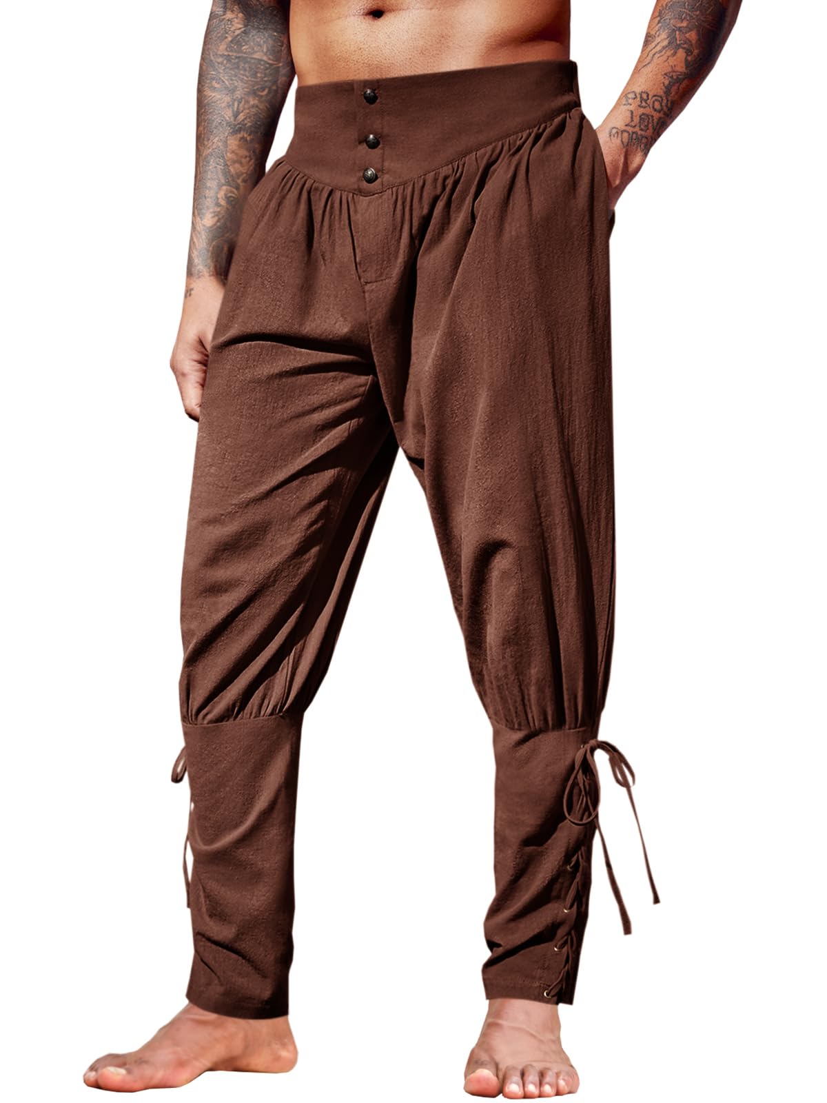 Runcati Mens Medieval Renaissance Style Lace Up Linen Halloween Trousers