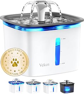 Veken Innovation Award Winner 95oz/2.8L Cat Water Fountain, C1 Classic | Automatic Pet Fountain Dog Water Dispenser with Replacement Filters & Silicone Mat, Gifts for Christmas, Cats (Grey, Plastic)