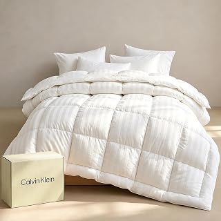 Calvin Klein Hotel Luxury King Comforter Duvet Insert Hypoallergenic | Down Alternative 100% Cotton Cover All Season Medium Warmth 106 x 92 inches White Stripe