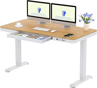 FLEXISPOT Desk Adjustable Height 140 x 70 cm, Desk with Electric Drawers, LED Display, Memory and USB Port, Ideal for Home Office, Maple
