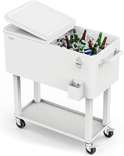 VINGLI Rolling Ice Chest, Portable Patio Party Bar Drink Cooler Cart, with Shelf, Beverage Pool with Bottle Opener