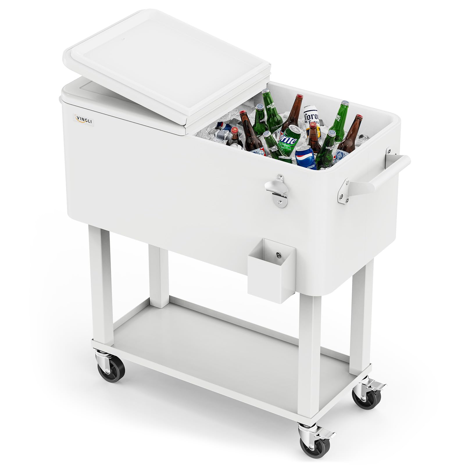 VINGLI Rolling Ice Chest, Portable Patio Party Bar Drink Cooler Cart, with Shelf