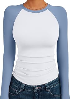 Trendy Queen Ladies Shirts Long Sleeve Slim Fit Elastic Color Block Slightly Cropped Top
