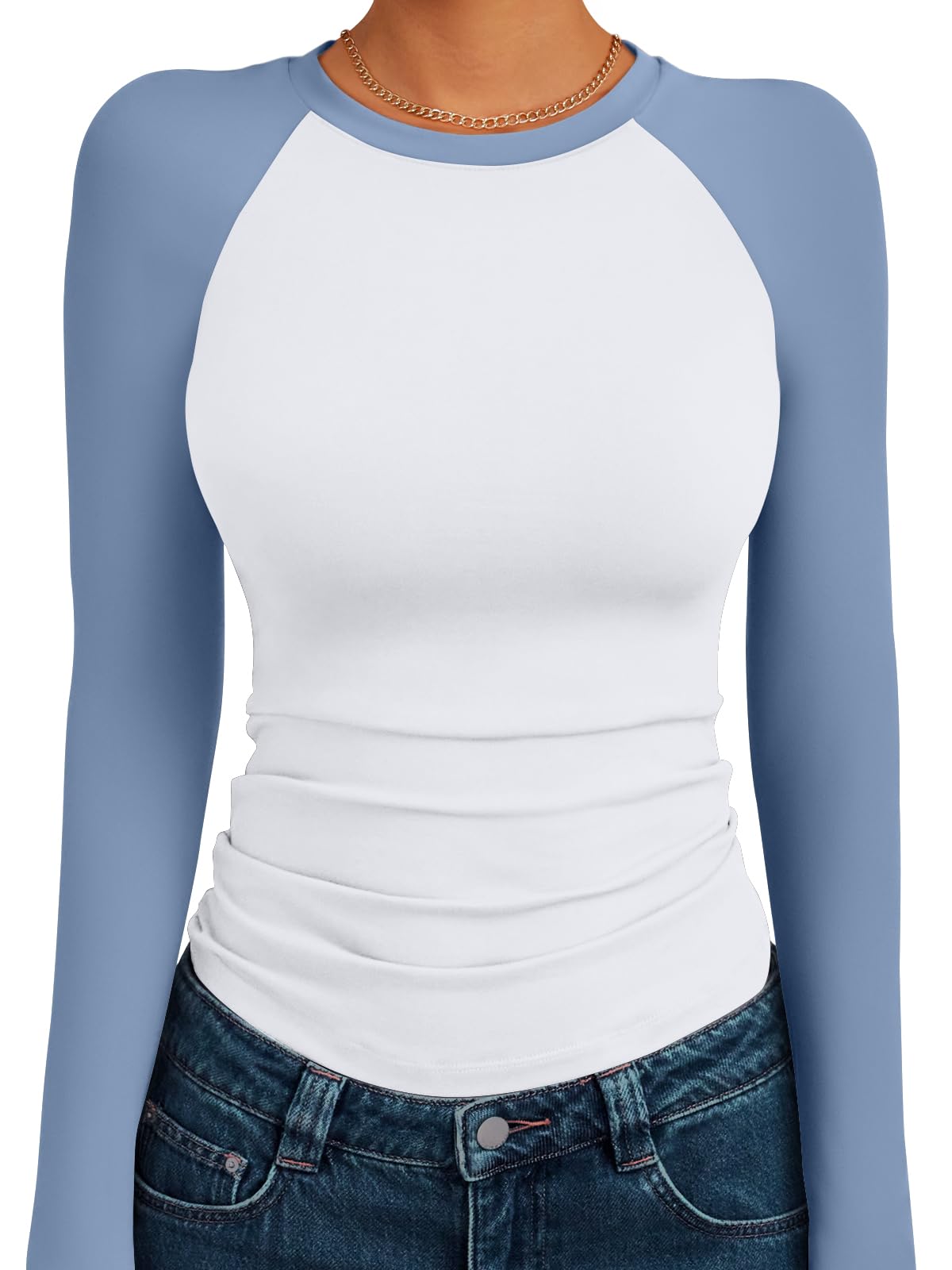 Trendy Queen Ladies Shirts Long Sleeve Slim Fit Elastic Color Block Slightly Cro