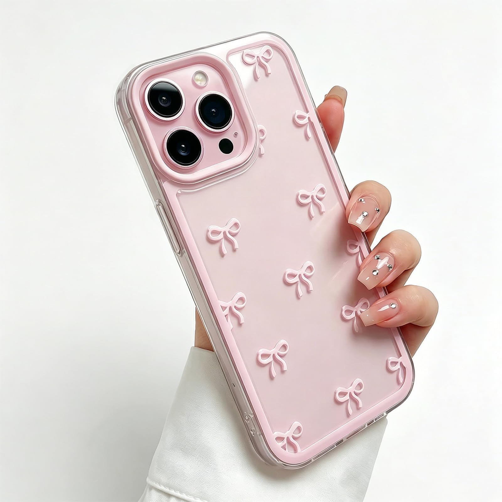 Case for iPhone 14 Pro, Clear Pink Cute Ribbon Bowknot Pattern, Transparent Phon