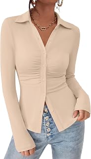 PRETTYGARDEN Womens Button Down Shirts V Neck Collared Ruched Slim Fit Long Sleeve Shirt Casual Fall Fashion Ladies Tops