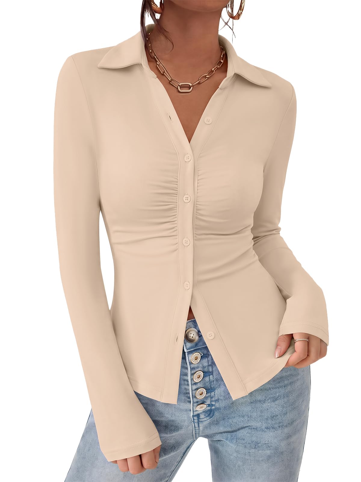 PRETTYGARDEN Womens Button Down Shirts V Neck Collared Ruched Slim Fit Long Slee