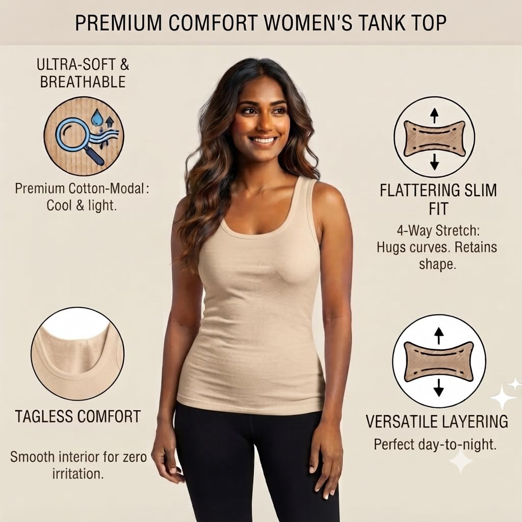 Rupa Jon Women's Camisole Tank Top, Soft Cotton Blend Cami