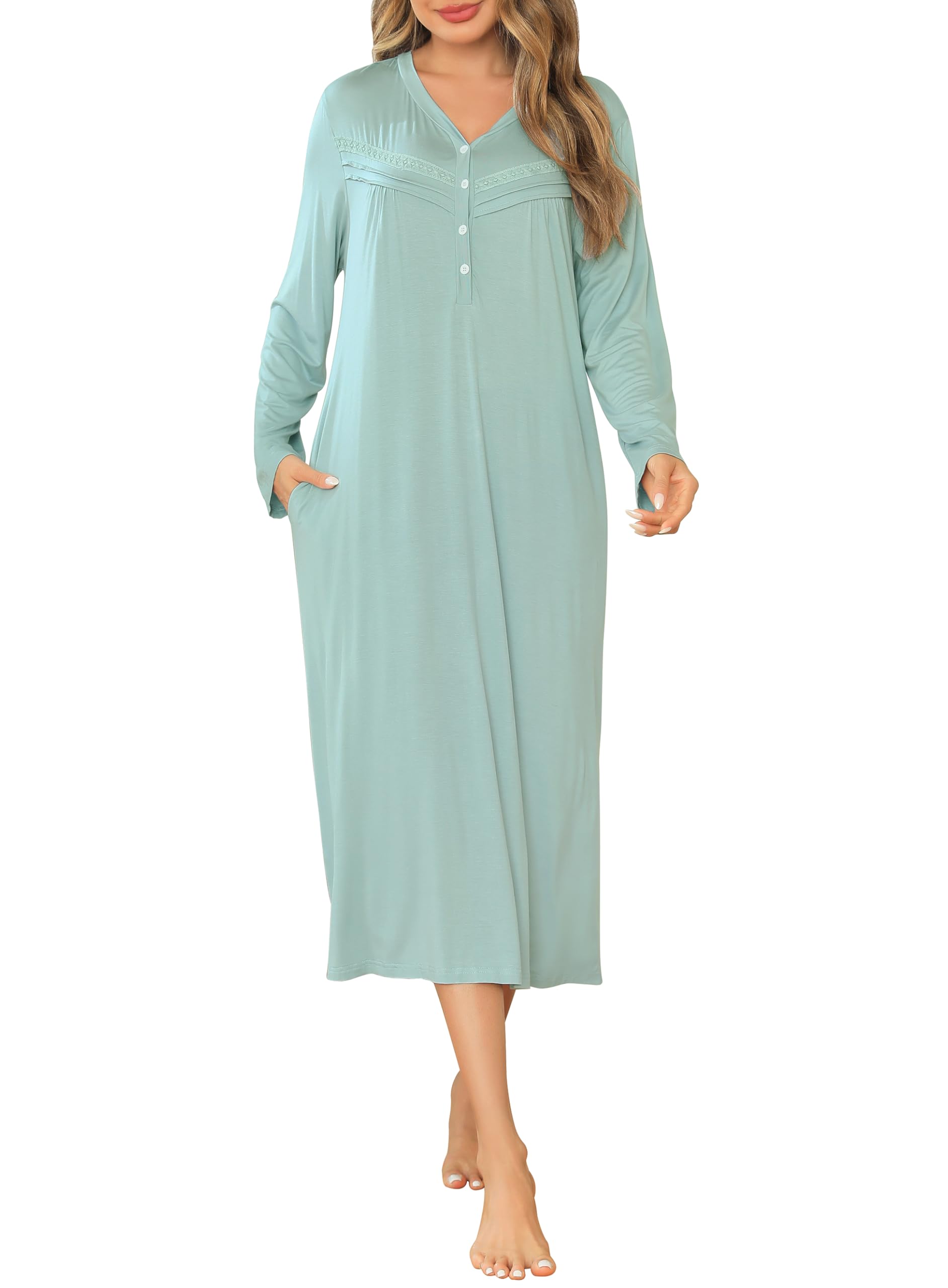 Sopesil Women's Long Nightdresses V Neck Soft Button Down Sleep Dress Ladies Cla