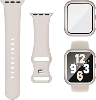 Joehwerr 3 in 1 Compatible with Apple Watch Bands 40mm 41mm 44mm 45mm with Case and Screen Protector, Silicone Sport Band and 9H Tempered Glass Protective Case for iWatch Series SE