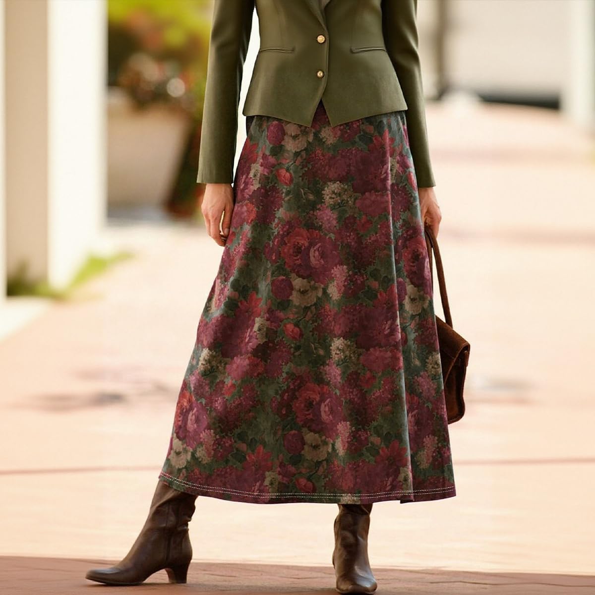 Women's Vintage Rose Floral Print High Waist Straight Midi Skirt