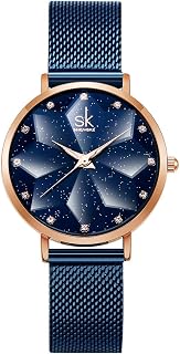 SHENGKE Creative Ultra Thin Minimalist Starry Sky Flower Dial Women Watch with Stainless Steel Mesh Band Genuine Leather Elegant Women Watches