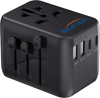 Bigfish Universal Travel Adapter, Travel Plug Adapter Worldwide | Travel Charger with 2 USB-C & 2 USB-A Ports, Dual 10A Fuses, All-in-One International Travel Adapter - EU UK US AU Plugs