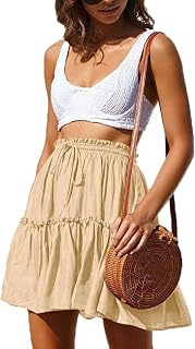 HOEREV Women's Girls' Floral Flared Short Skirt Cute High Waist Ruched Skirt Beach Mini Skirt