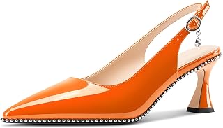 TNYNFBEB レディース キトンヒール ポインテッドトゥ パンプス ビーズ スリングバック スリッポン バックル プロム パーティードレス ベーシック クラシック パテントレザー 2.6インチ ヒール, オレンジ, 25.5 cm