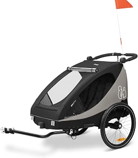 hauck Bike Trailer & Pushchair 2 Kids, Suspension, Dryk Duo Plus Black | Incl. Drawbar Hitch Safety Flag Rear Light, Trunk, 2 Toddlers 6 Months to 22 kg/120 cm/4 Years, for Bicycle, E-Bike, Pedelec