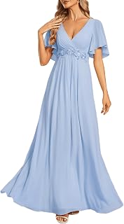 Ever-Pretty Women's Spring Short Sleeve Bridesmaid Dresses V-Neck Chiffon Ruched Empire Waist Appliques Long Formal Dress