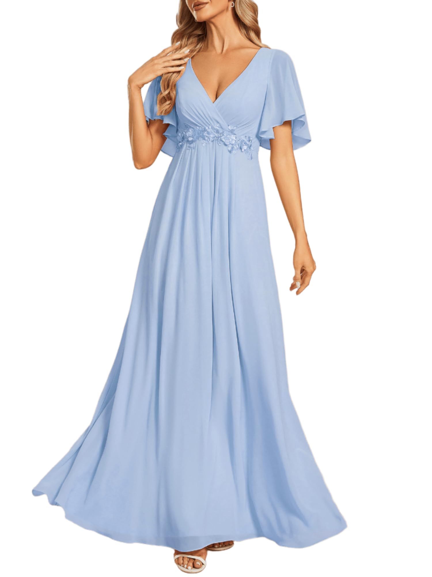 Ever-Pretty Women's Spring Short Sleeve Bridesmaid Dresses V-Neck Chiffon Ruched