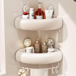 Voldra Corner Shower Caddy Suction Cup No Drilling, Arc Shower Shelf Coner Bathroom Coner Shelves Suction Shower Organiser Rack Corner Caddy with Towel Bar Wall Mounted(2-Pack, White)