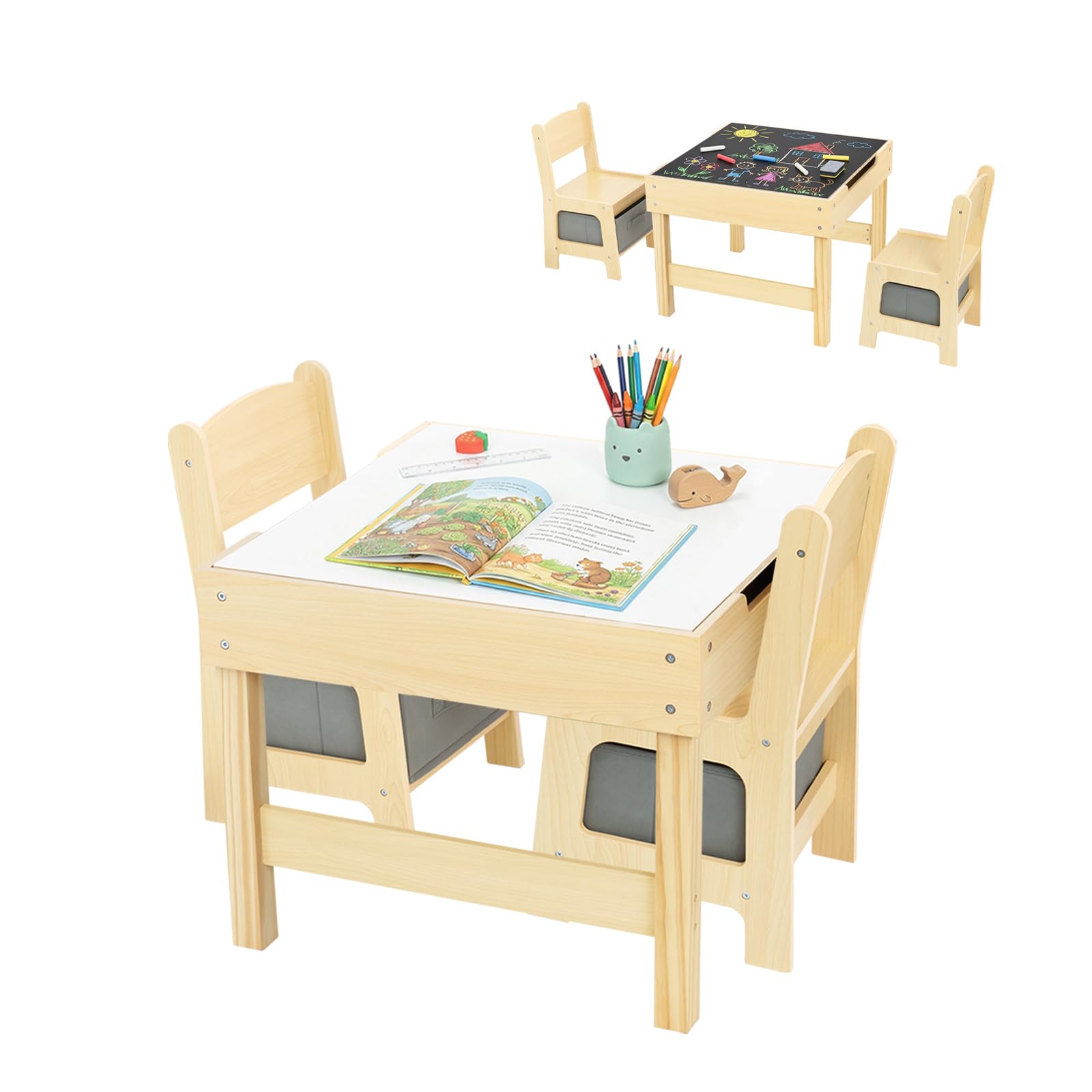 OOOK 3 in1 Kids Table and Chair Set, Double Use Tabletop & Storage Drawer | Deta