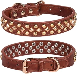 Spiked Dog Collar Soft PU Leather Rivet Studded Dog Collar (Medium, Brown)