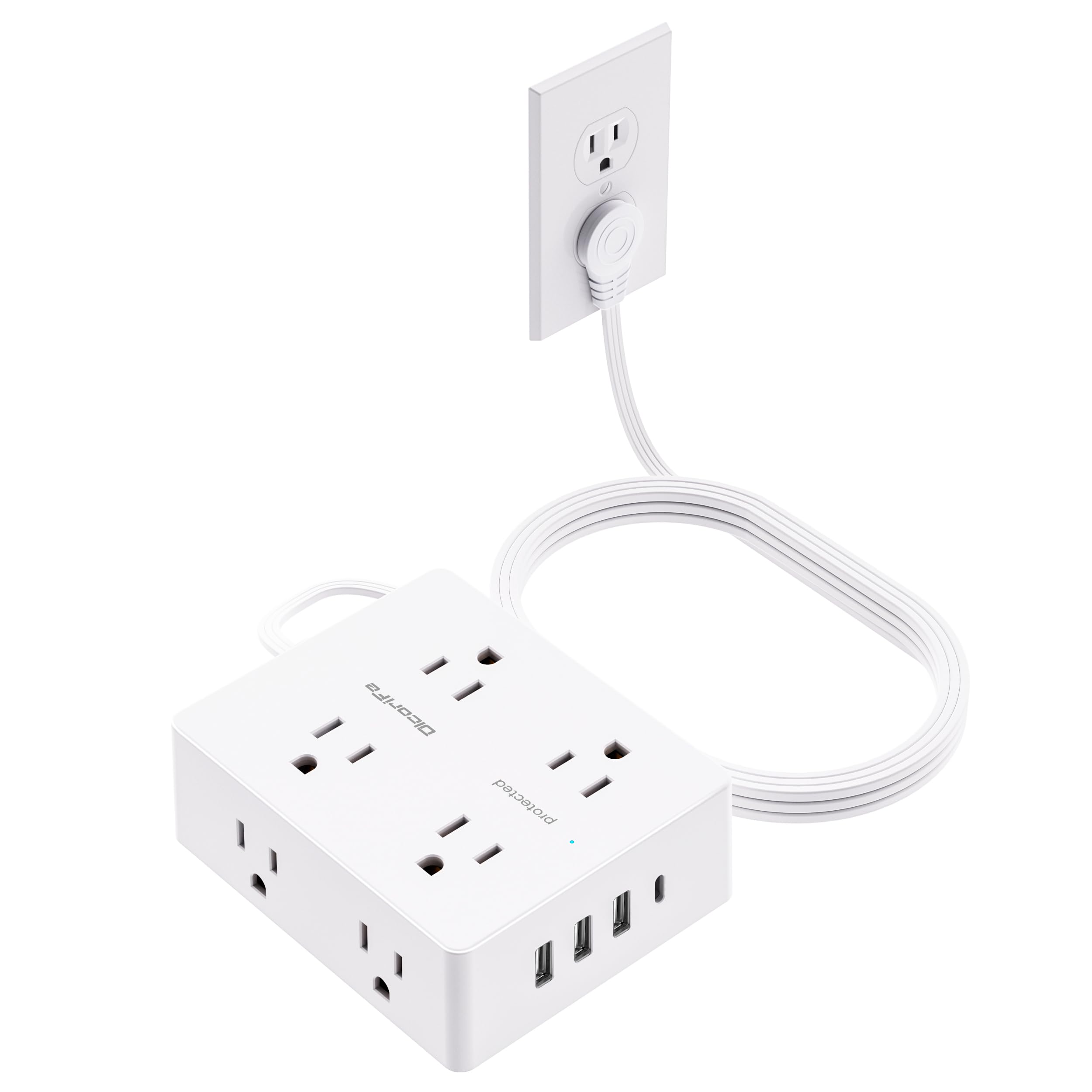 Olcorife Flat Plug Power Strip with 10 FT Extension Cord, 8 Outlets 4 USB Ports(