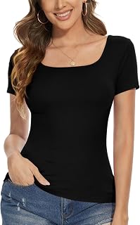 Camisetas de manga corta con cuello cuadrado para mujer, ajustadas, informales, para verano, salir, trabajo, lindas camisas de moda 2026