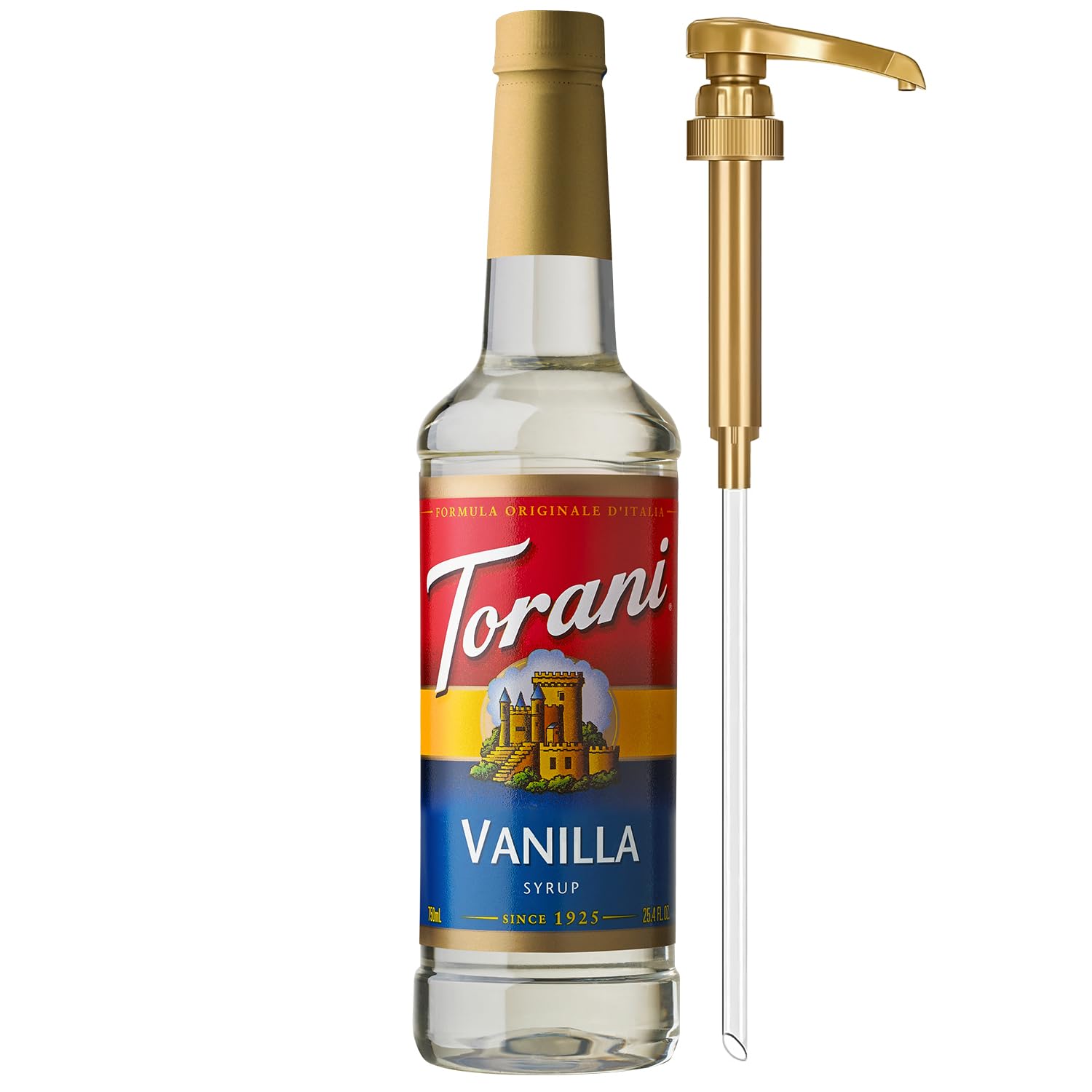 Torani Coffee Syrup, Vanilla Flavor for Drinks, Pump Included, 25.4 Fl Oz | Swee