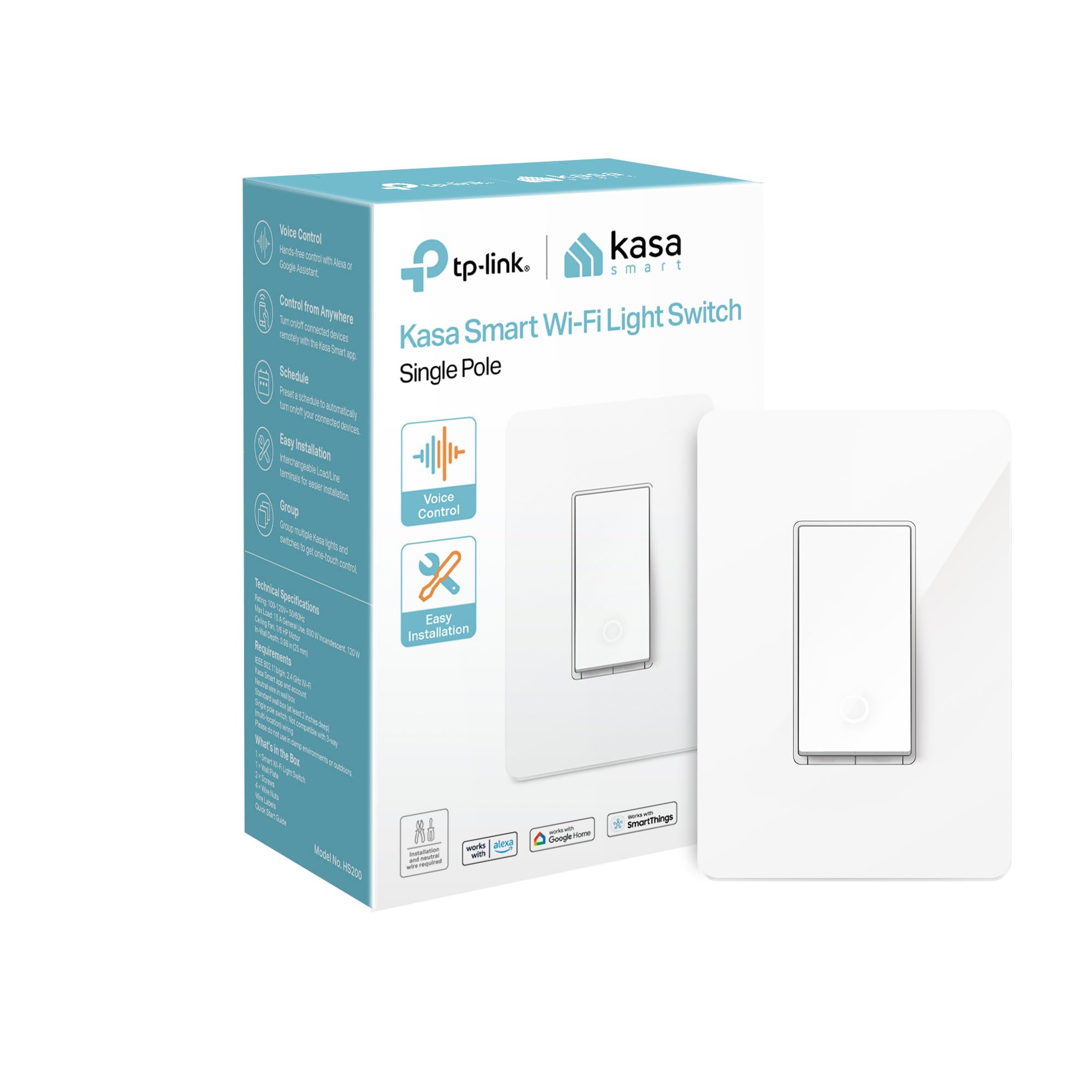 Kasa Smart Light Switch, Single Pole, Need Neutral Wire, HS200 | 2.4GHz Wi-Fi, W