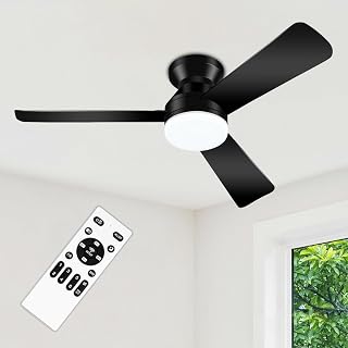 ZOUQILAI 42'' Black Low Profile Ceiling Fans with Lights and Remote Control | Flush Mount, Quiet Reversible DC Motor, Memory Function, 3CCT Dimmable, Timer, Noiseless, for Bedroom/Living Room