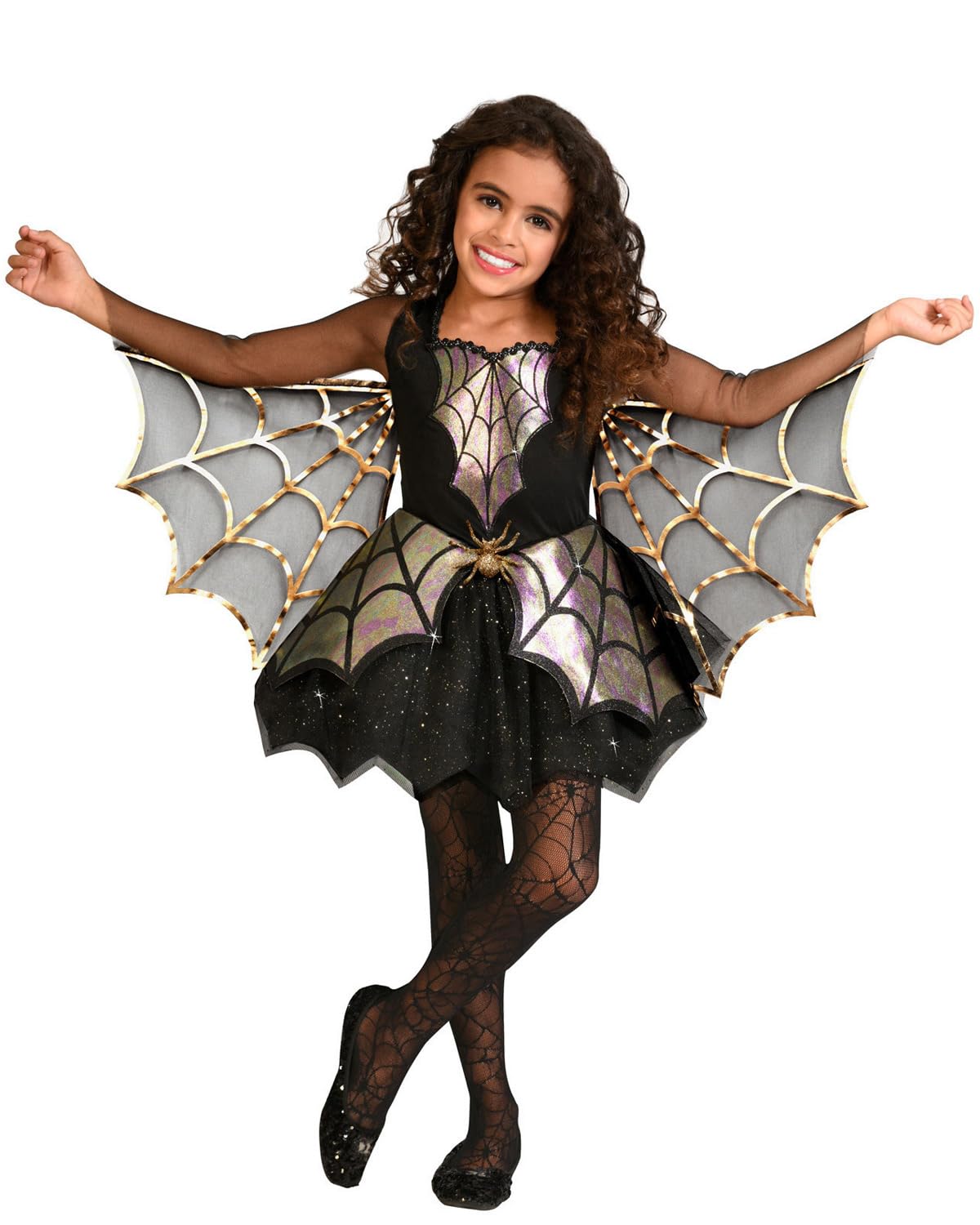 amscan - Kinderkostüm schimmernde Spinne, Kleid mit angehängten Flügeln, Karneva
