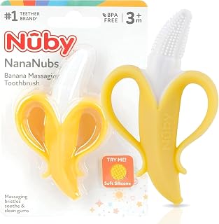 Nuby NanaNubs Gum Massager, Soft Silicone Teething Toy, 3 Months+ | Angled Shape Reaches Back Molars, Easy-Hold Handle, Phthalate-free, Dishwasher Safe Toy, Textured Nubs to Massage Tender Gums