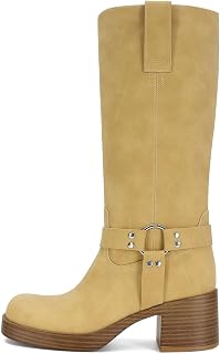 Women's Knee High Riding Boots Round Toe Side Zipper Chunky Block Heel Tall Boots Comfortable Pull on Wide Calf Boots