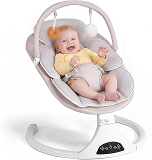 Electric Baby Swing with Remote Control,5 Speeds&Portable&Cozy(0-6M,Beige) | Safety lock&secure harness,12 melodies&Bluetooth,8/15/30min timer,lightweight indoor/outdoor,soft washable seat,easy assembly