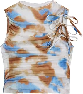 Women's Western Tie Dye Shirring Tank Top Tie Knot Crew Neck Sleeveless Bohemian Summer Tops