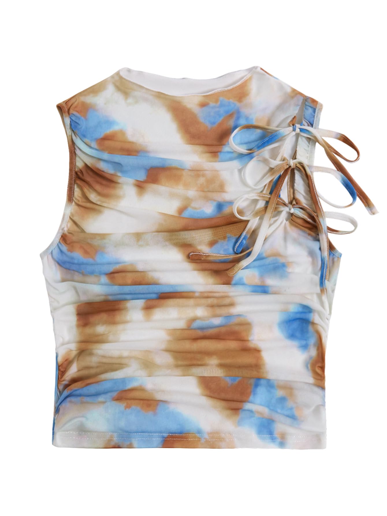 Women's Western Tie Dye Shirring Tank Top Tie Knot Crew Neck Sleeveless Bohemian