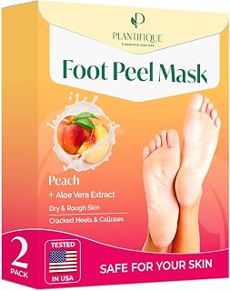 PLANTIFIQUE Foot Peel Mask, Dermatologically Tested - 2 Pairs, Peach Scent | Exfoliating Socks for Dry Cracked Feet - Masque Pied Peeling - Foot Care for Soft Baby Feet