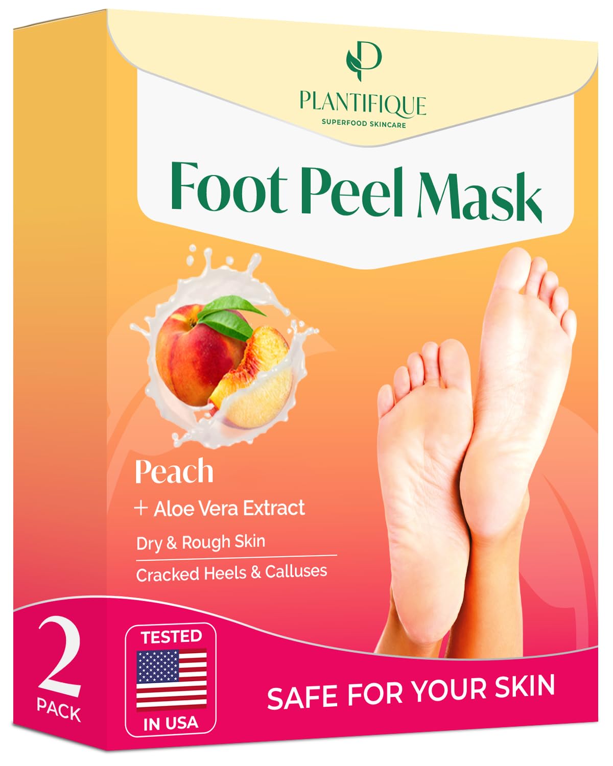 PLANTIFIQUE Foot Peel Mask, Dermatologically Tested - 2 Pairs, Peach Scent | Exf