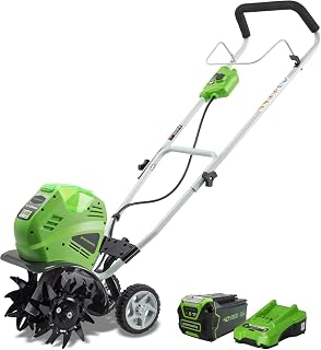 Greenworks 40V 10" Cordless Tiller / Cultivator, 4.0Ah Battery and Charger Included, Green