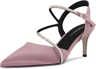 HDEUOLM Women's Stiletto Medium Heel Lace Toe Cap Sandals Slingback Diamond Crystal Party Cute 6.5 cm Heels