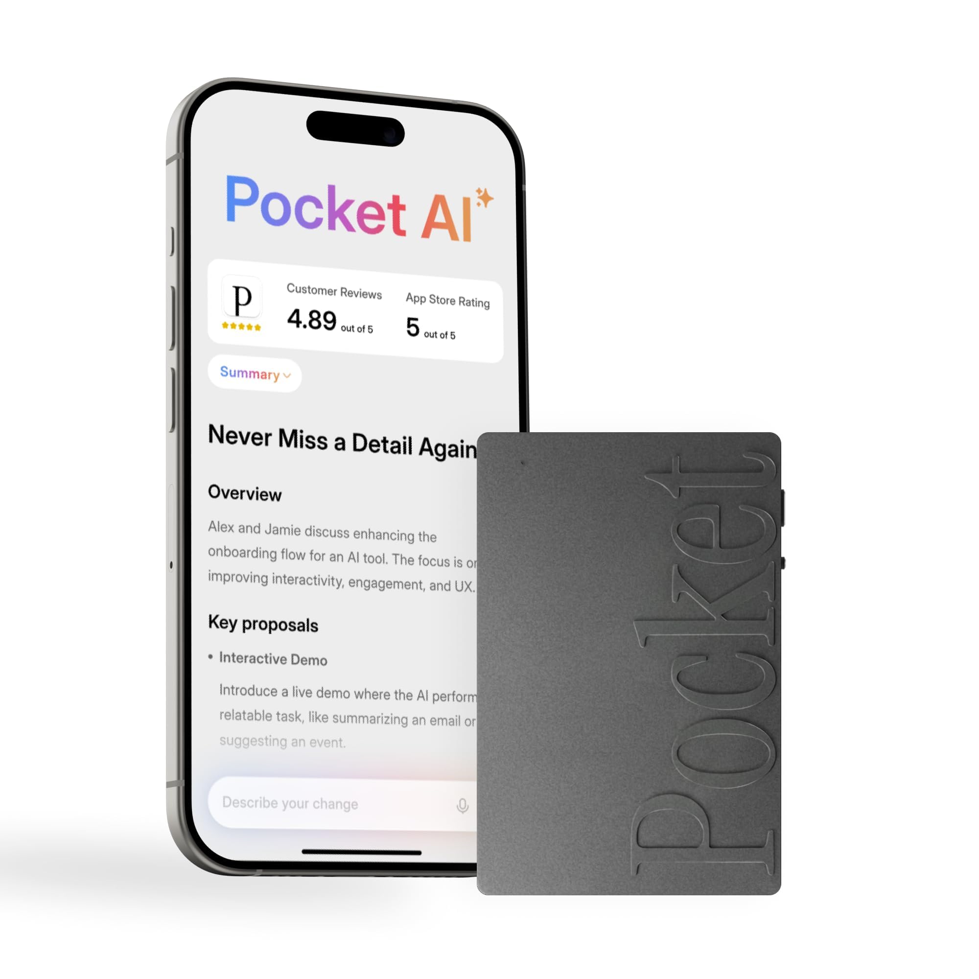 Pocket AI Voice Recorder, Auto Transcription, AI Note Taker, Space Grey | Record