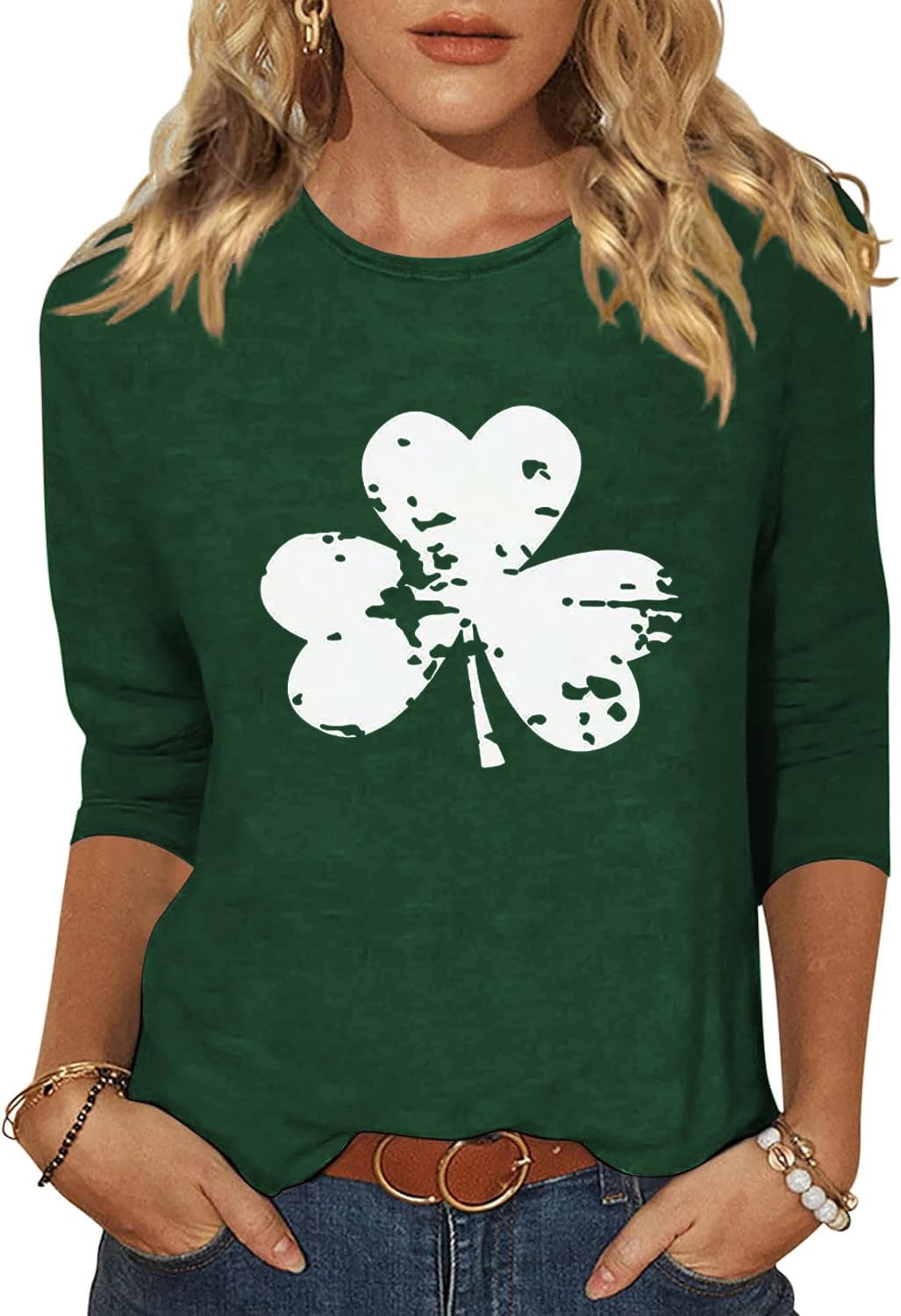 Woffccrd Womens 3/4 Sleeve St. Patrick's Day T-Shirts Crew Neck Spring Graphic T