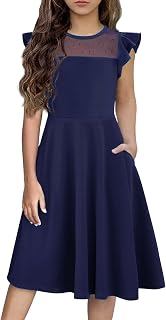 Flypigs Girls Dresses Summer Formal Party Wedding Ruffle Sleeve Mesh Knee Length A Line Dress with Pockets