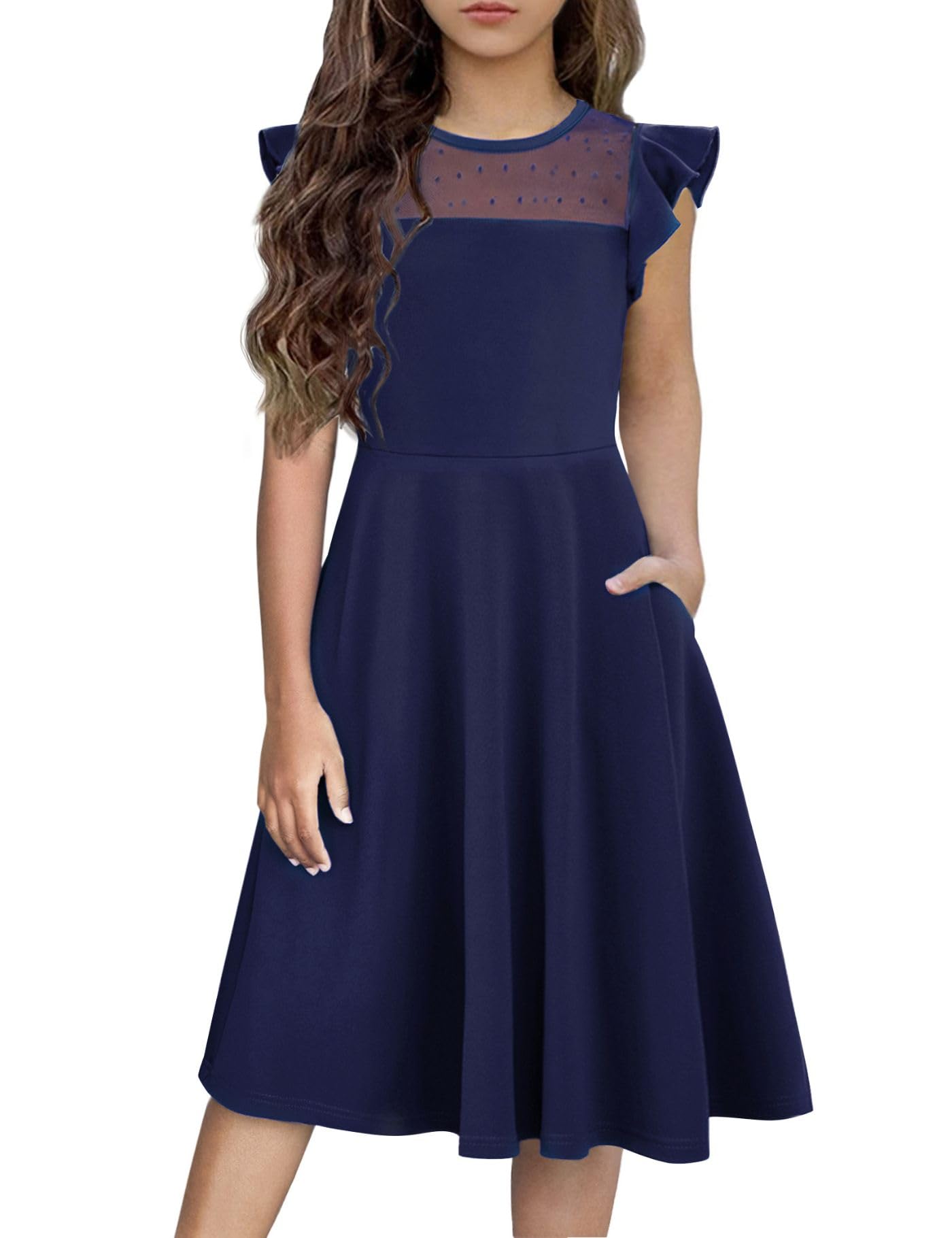 Flypigs Girls Dresses Summer Formal Party Wedding Ruffle Sleeve Mesh Knee Length
